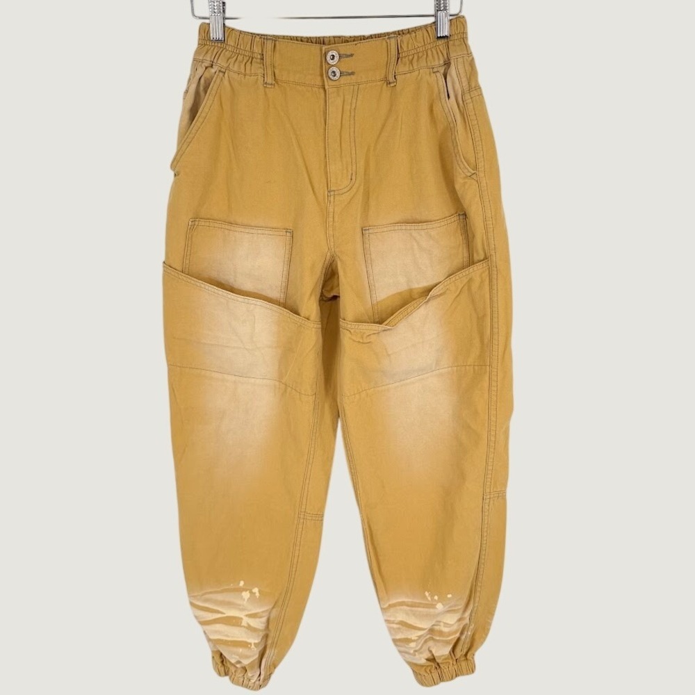 POL Jogger Pants Women Size L Yellow Canvas Distressed Cargo Boho Utility Casual